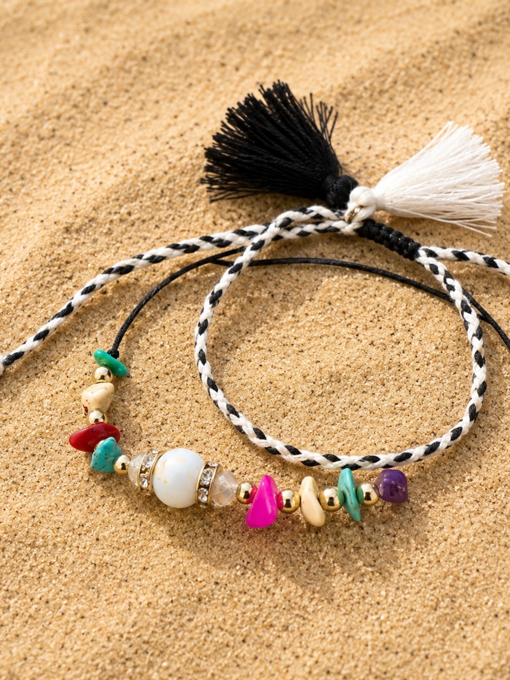 Black & White Braided Multicolor Bead Bracelet, nwt